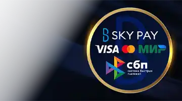 Изображение популярных платежных логотипов, таких как Visa, Mastercard и МИР, а также Sky Pay, подчеркивающее гибкость платежей в Казино Maxbetslots казино.